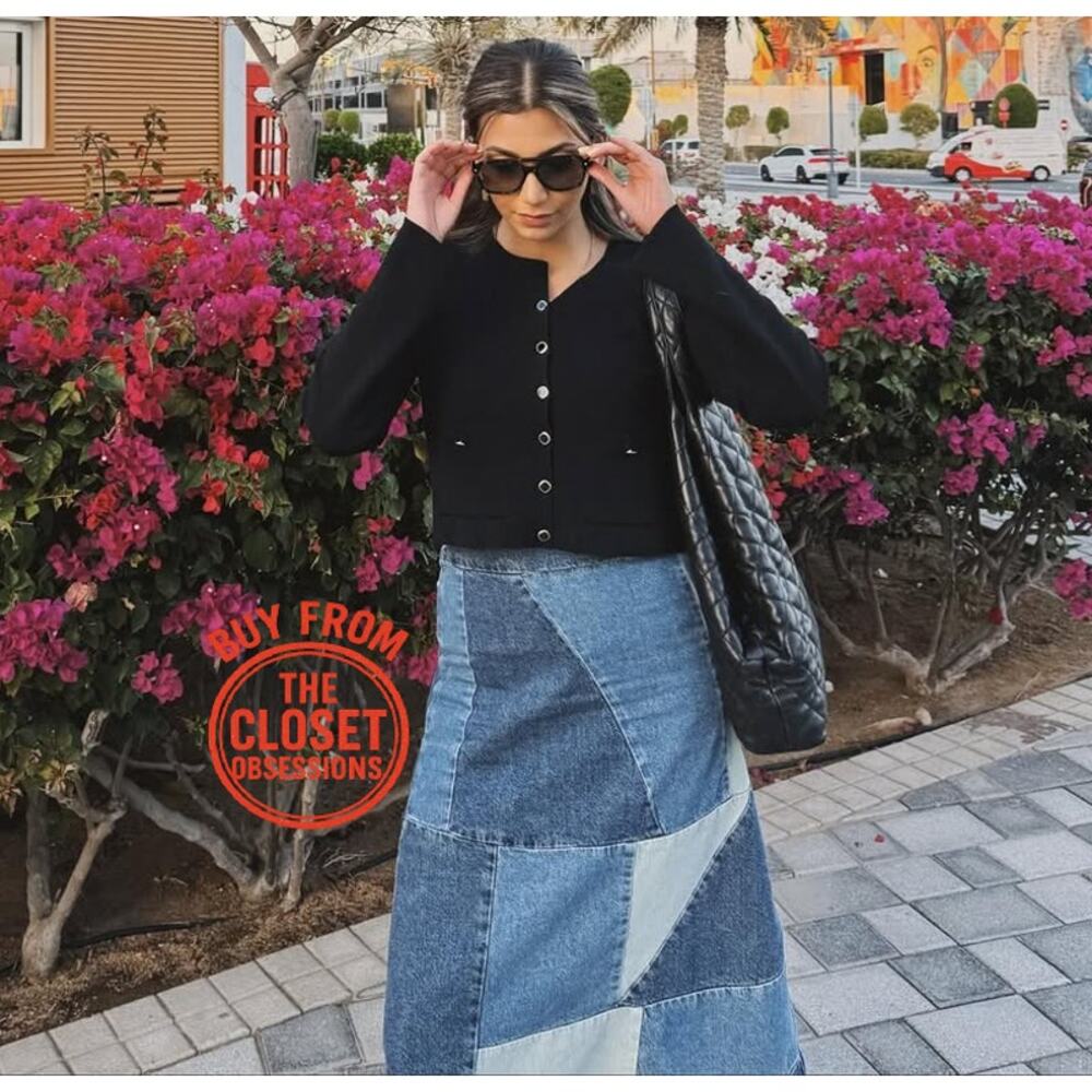 MANGO Patchwork Denim Midi Skirt NWT | Blue Cotton A-Line - Picture 8 of 16